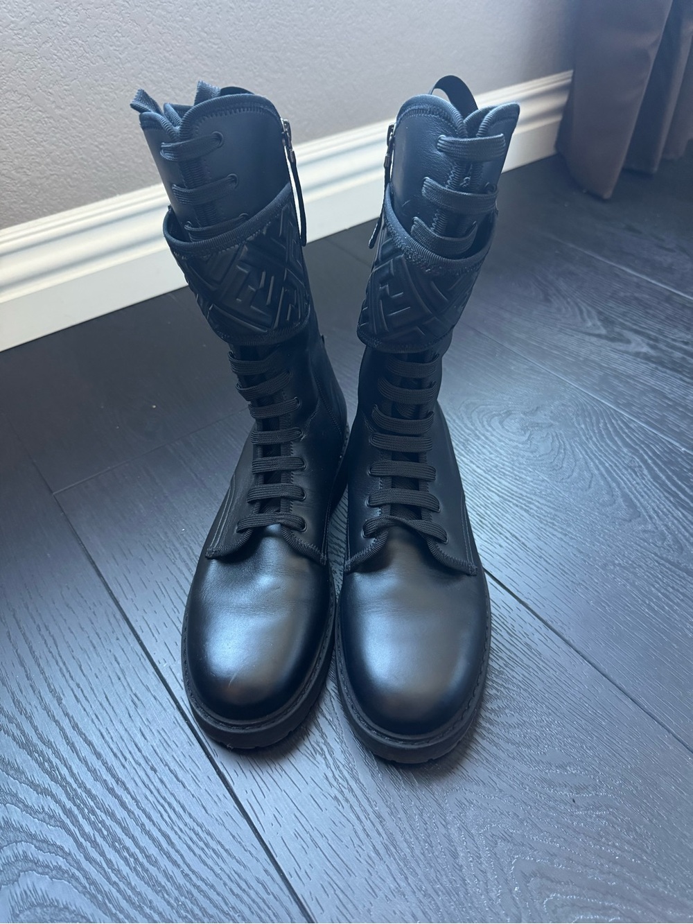 Fendi Rockoko FF Logo Leather Biker Combat Boots Black EU 42 / US 12